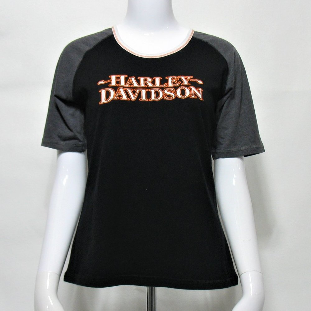 Harley Davidson Woodstock IL. Womens Embroidered Short Sleeve Black Gray T Shirt